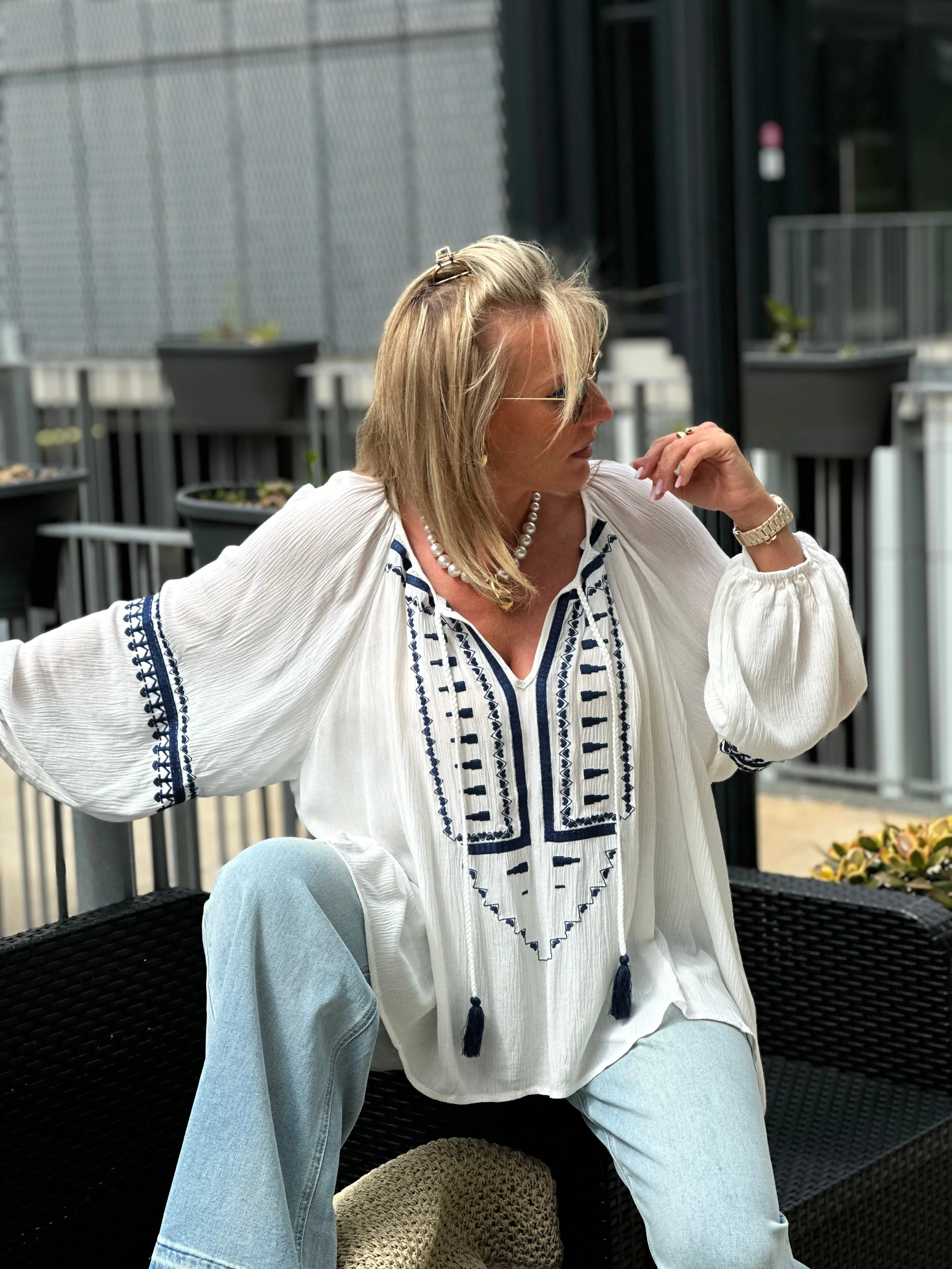 Blouse loose brodé bleu