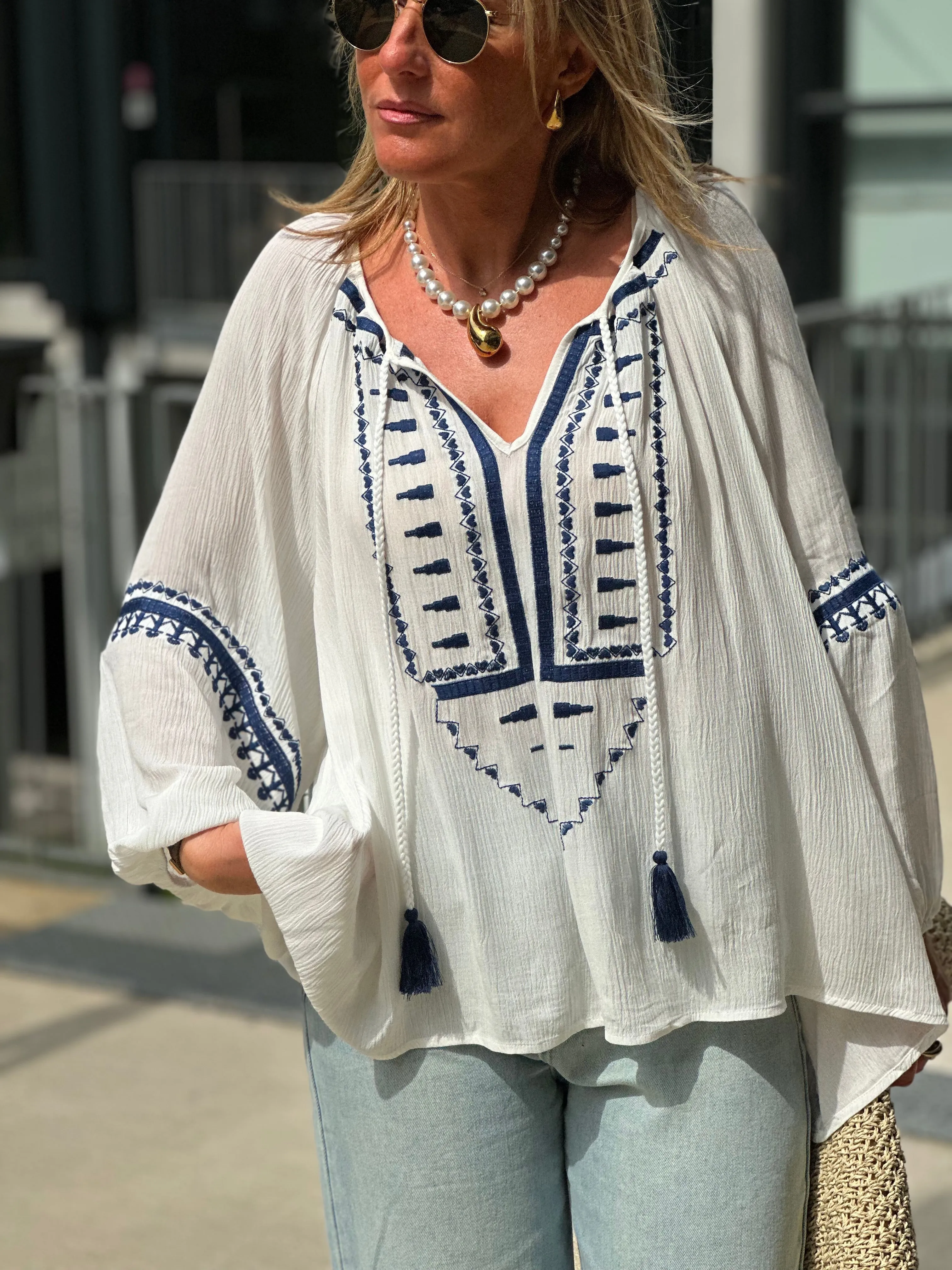 Blouse loose brodé bleu