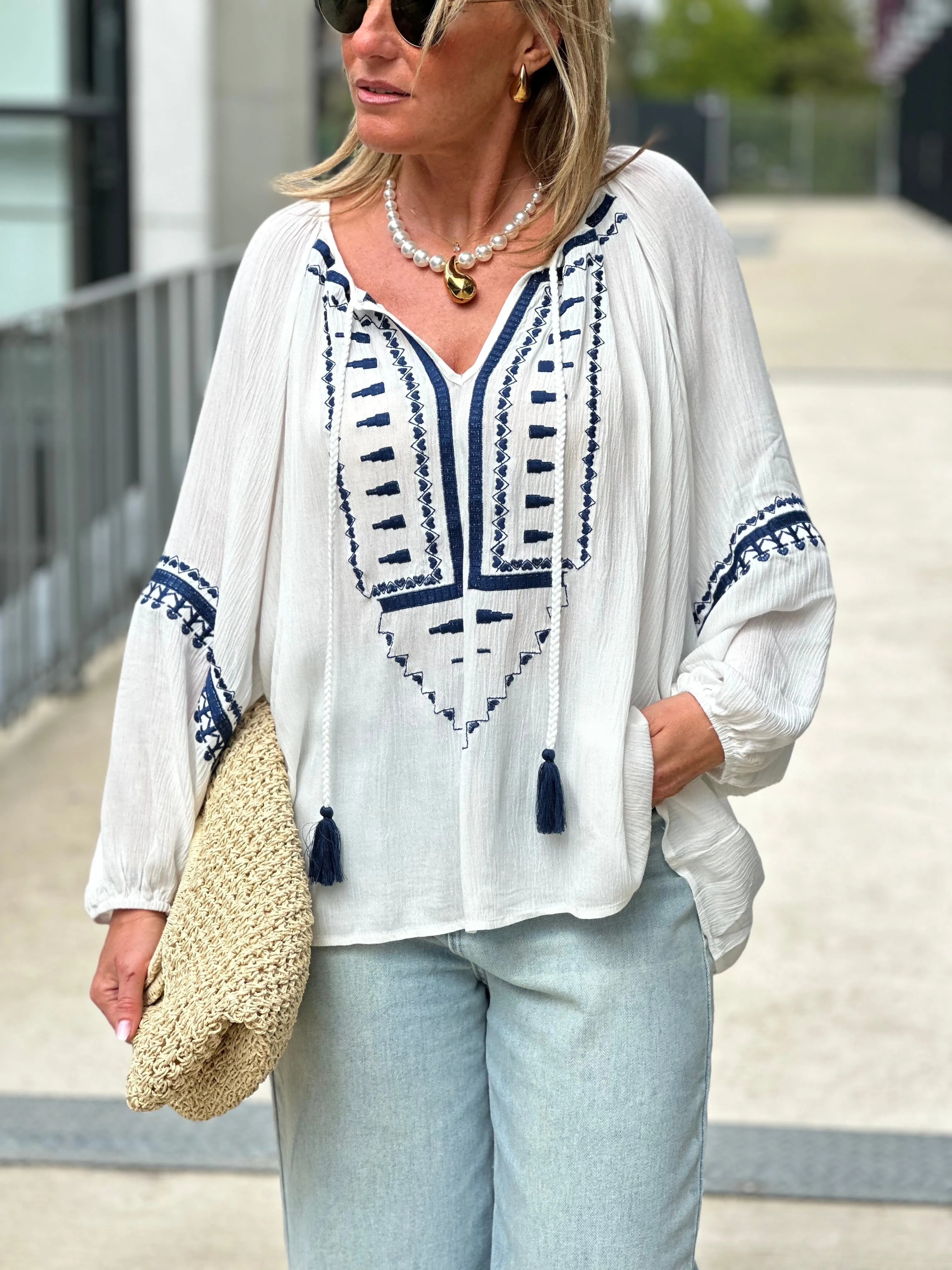 Blouse loose brodé bleu