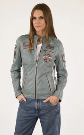 Blouson motard Soline bleu ciel Rose Garden - La Canadienne - Blousons Cuir Bleu Ciel