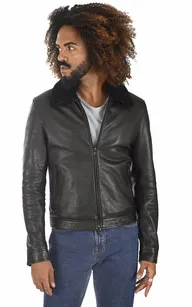 Blouson Random noir col mouton Serge Pariente - La Canadienne - Blousons Cuir Noir