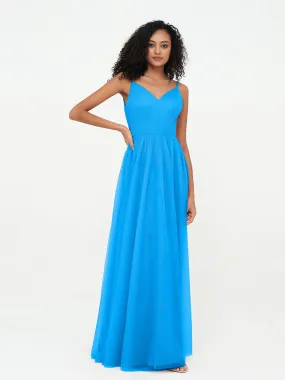 Bretelles Spaghetti Robes Maxi Plissé en Tulle Bleu Océan