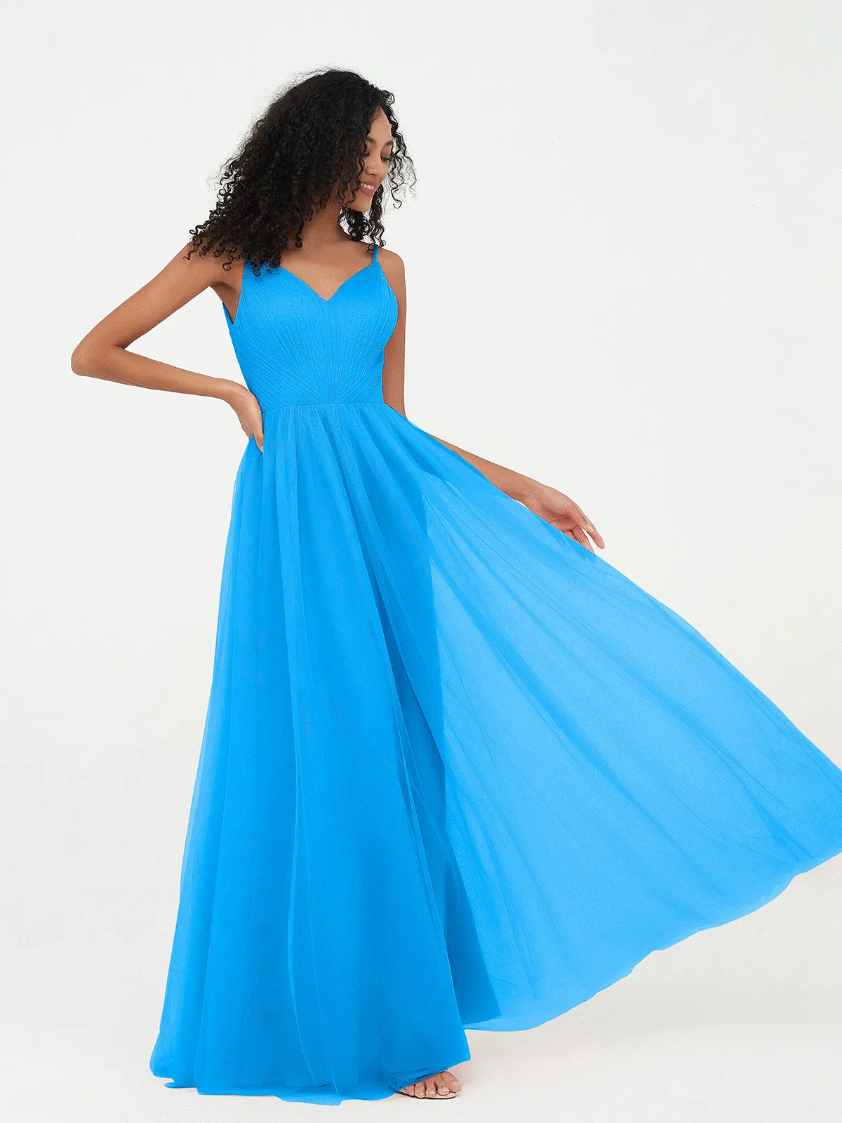 Bretelles Spaghetti Robes Maxi Plissé en Tulle Bleu Océan