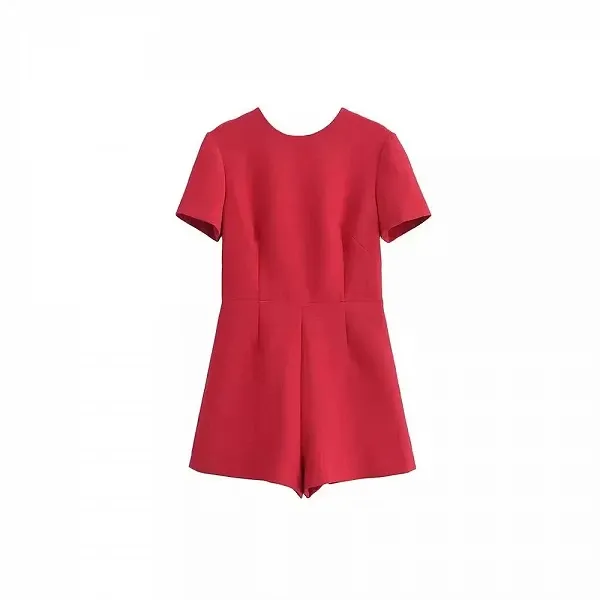 Combinaisons chics à col rond pour femmes, barboteuses à manches courtes, dos évidé, nœud décoratif, rouge, mode féminine, rue h