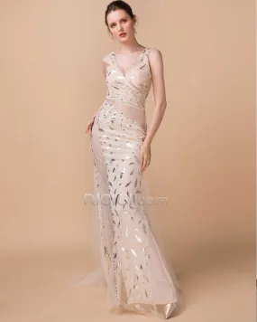 Décolleté Fourreau Robes De Soirée Tulle Robe Habillée Robe Gala Transparente Sans Manches Avec La Queue