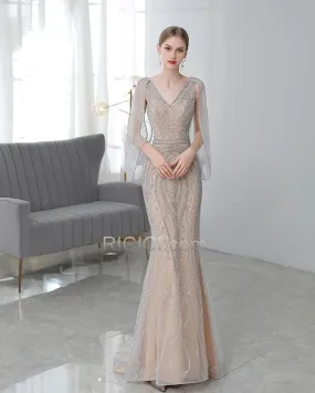 Décolleté Sequin Sirène Robe De Fiancaille Scintillante Longue Robes De Soirée Champagne Dos Nu