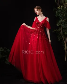 Epaule Nu Décolleté Robe De Bal Brillante Longue Perlage Robes De Soirée Rouge Princesse Luxe Sequin