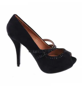 Escarpin femme aspect daim à talon et strass noires Jennifer