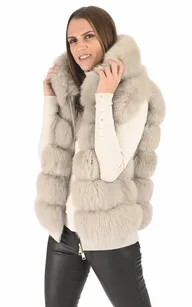 Gilet capuche renard gris perle Suprema - La Canadienne - Gilets / ponchos / capes Fourrure Perle