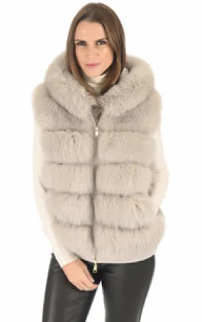 Gilet capuche renard gris perle Suprema - La Canadienne - Gilets / ponchos / capes Fourrure Perle