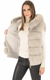 Gilet capuche renard gris perle Suprema - La Canadienne - Gilets / ponchos / capes Fourrure Perle