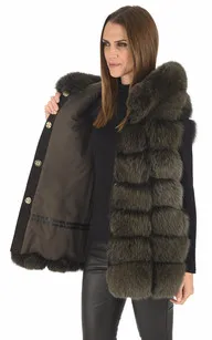 Gilet capuche renard kaki Suprema - La Canadienne - Gilets / ponchos / capes Fourrure Kaki