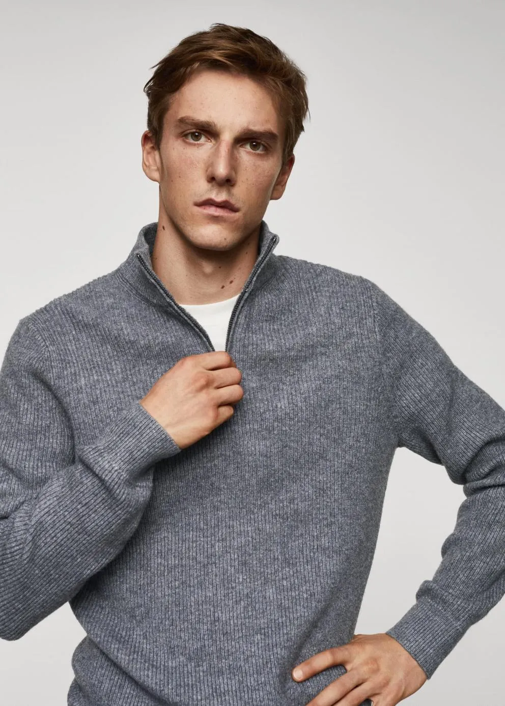 Gilets Et Pull-Overs | Homme MANGO Pull-over Zippé Maille Côtelée Gris Chiné Moyen