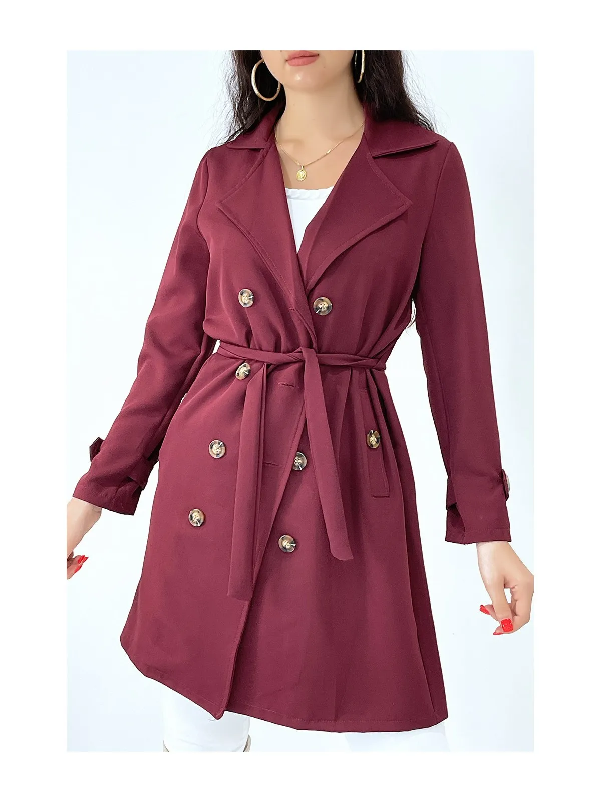 Long trench bordeaux avec poches