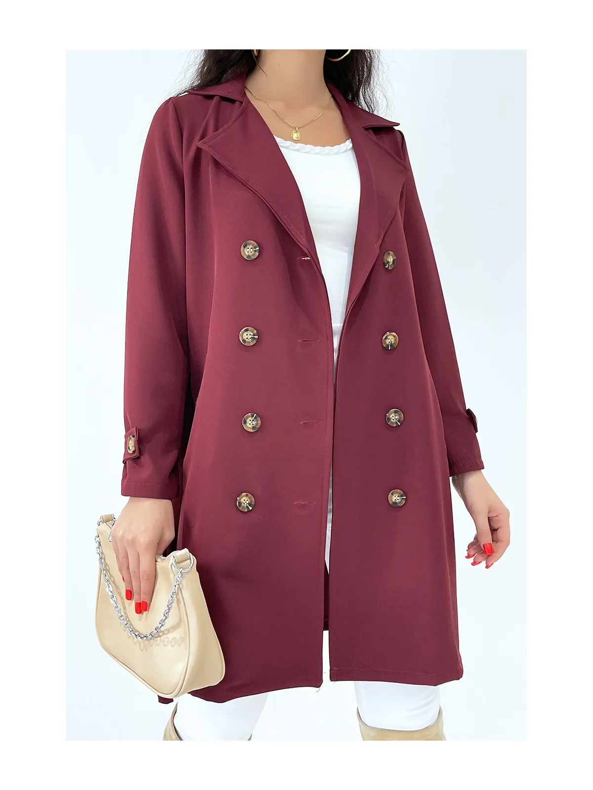 Long trench bordeaux avec poches