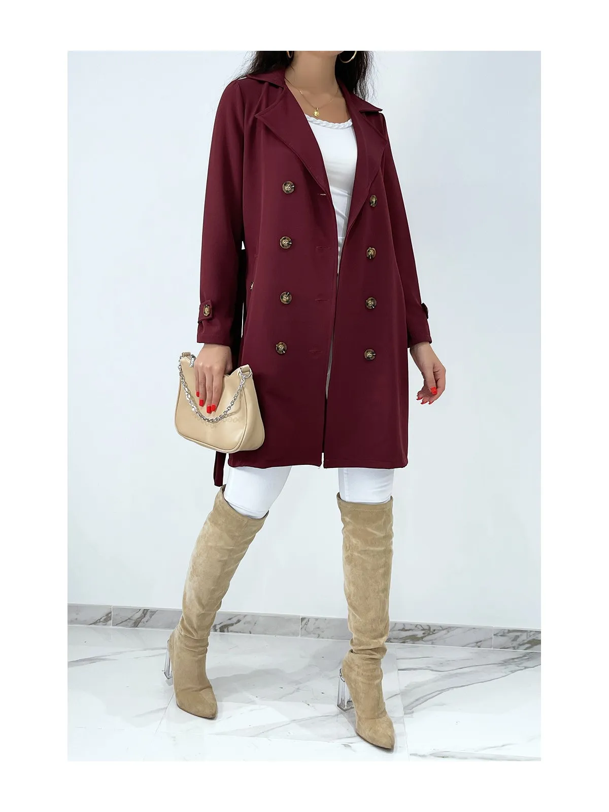 Long trench bordeaux avec poches