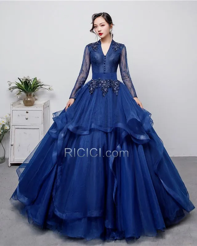 Longue Décolleté Élégant Bleu Marine Princesse Perlage Robe De Bal Robes De Soirée Dentelle Appliques Manche Longue Dos Nu