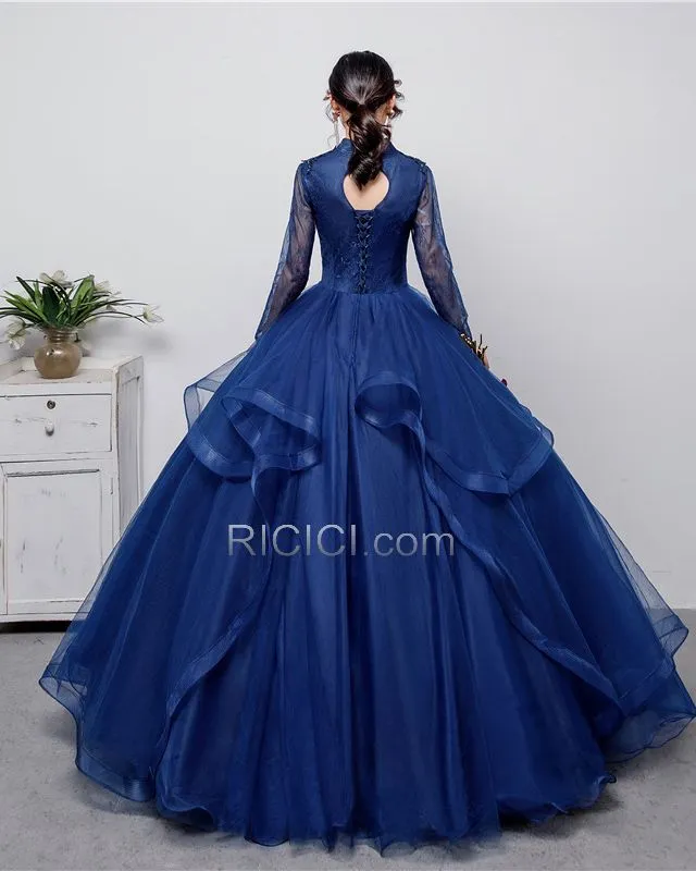 Longue Décolleté Élégant Bleu Marine Princesse Perlage Robe De Bal Robes De Soirée Dentelle Appliques Manche Longue Dos Nu