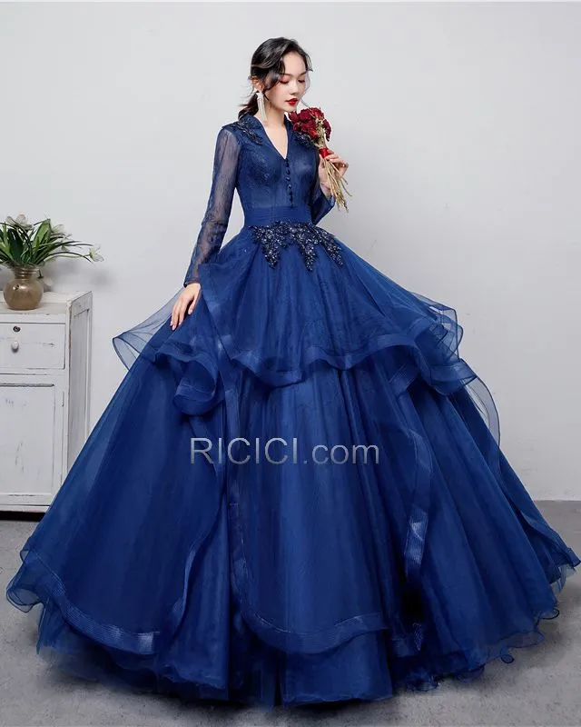 Longue Décolleté Élégant Bleu Marine Princesse Perlage Robe De Bal Robes De Soirée Dentelle Appliques Manche Longue Dos Nu