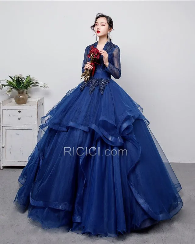 Longue Décolleté Élégant Bleu Marine Princesse Perlage Robe De Bal Robes De Soirée Dentelle Appliques Manche Longue Dos Nu