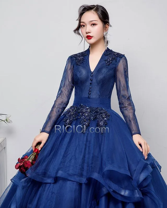 Longue Décolleté Élégant Bleu Marine Princesse Perlage Robe De Bal Robes De Soirée Dentelle Appliques Manche Longue Dos Nu