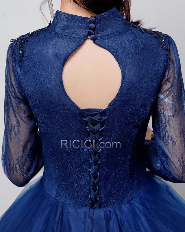 Longue Décolleté Élégant Bleu Marine Princesse Perlage Robe De Bal Robes De Soirée Dentelle Appliques Manche Longue Dos Nu