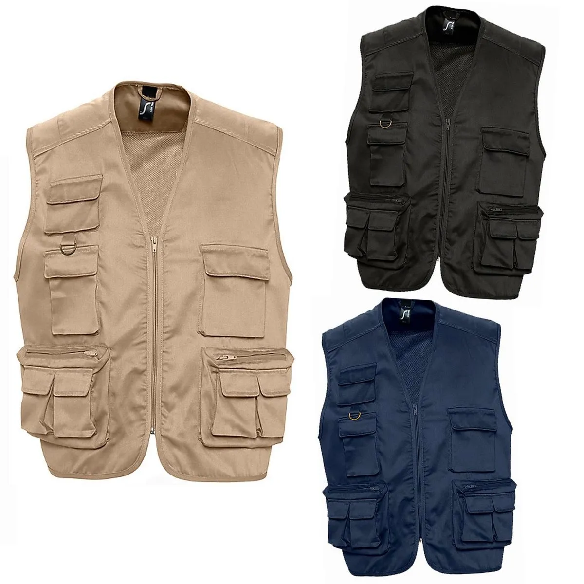 LOt 3 gilets reporter multipoches sans manches - 43630 - beige, noir et bleu marine 