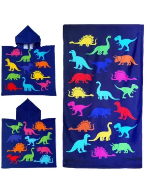 Pack ponchos et serviette microfibre enfant Dino - Bleu marine