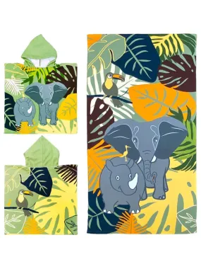 Pack ponchos et serviette microfibre enfant Elephant - Vert kaki