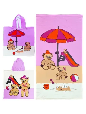 Pack ponchos et serviette microfibre enfant Nounours - Rose clair