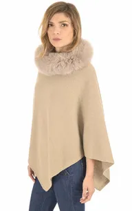 Poncho cachemire et renard sable Lea Clement - La Canadienne - Gilets / ponchos / capes Textile Sable