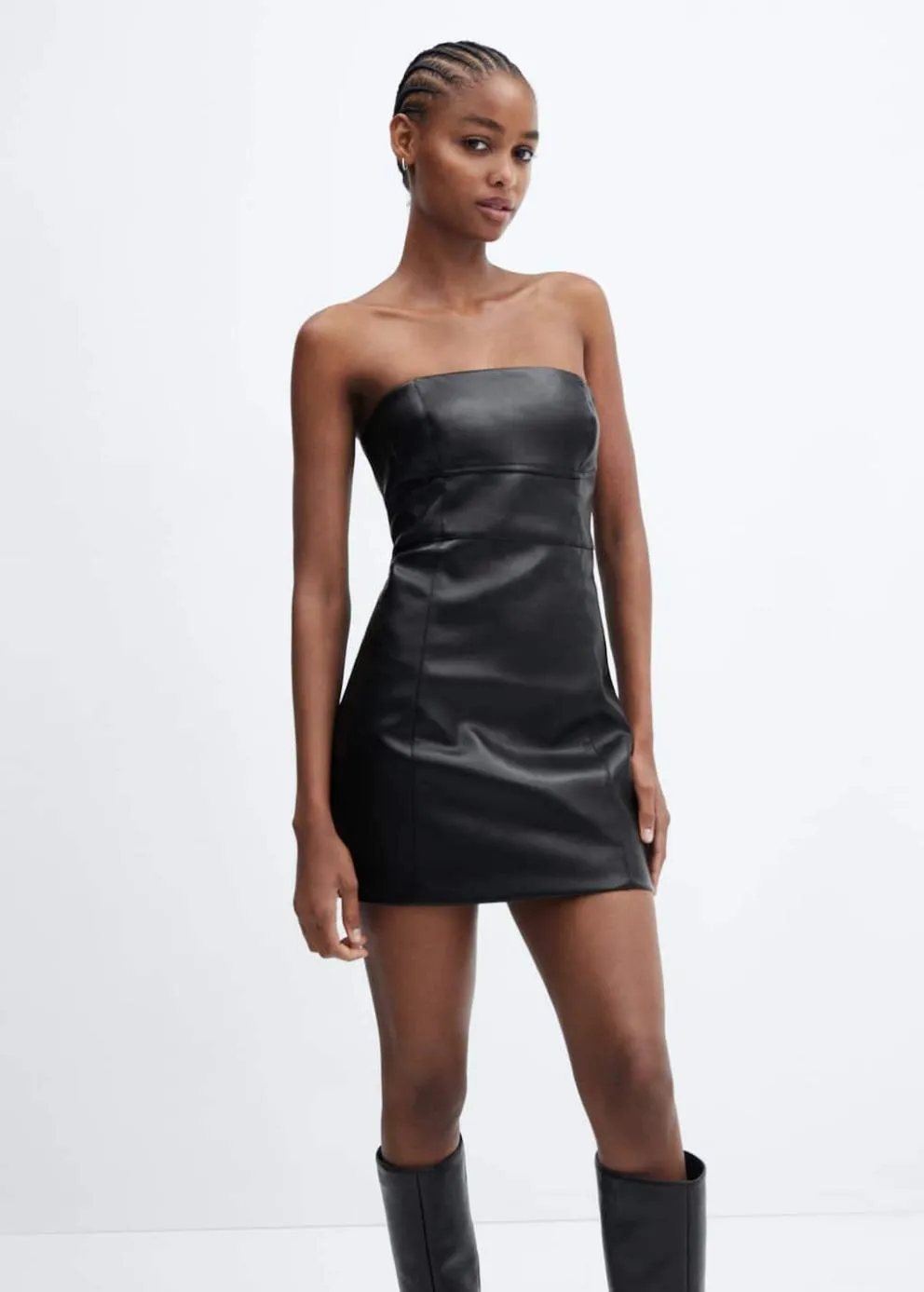 Robes Et Combinaisons | Femme MANGO Robe Bustier Similicuir Noir