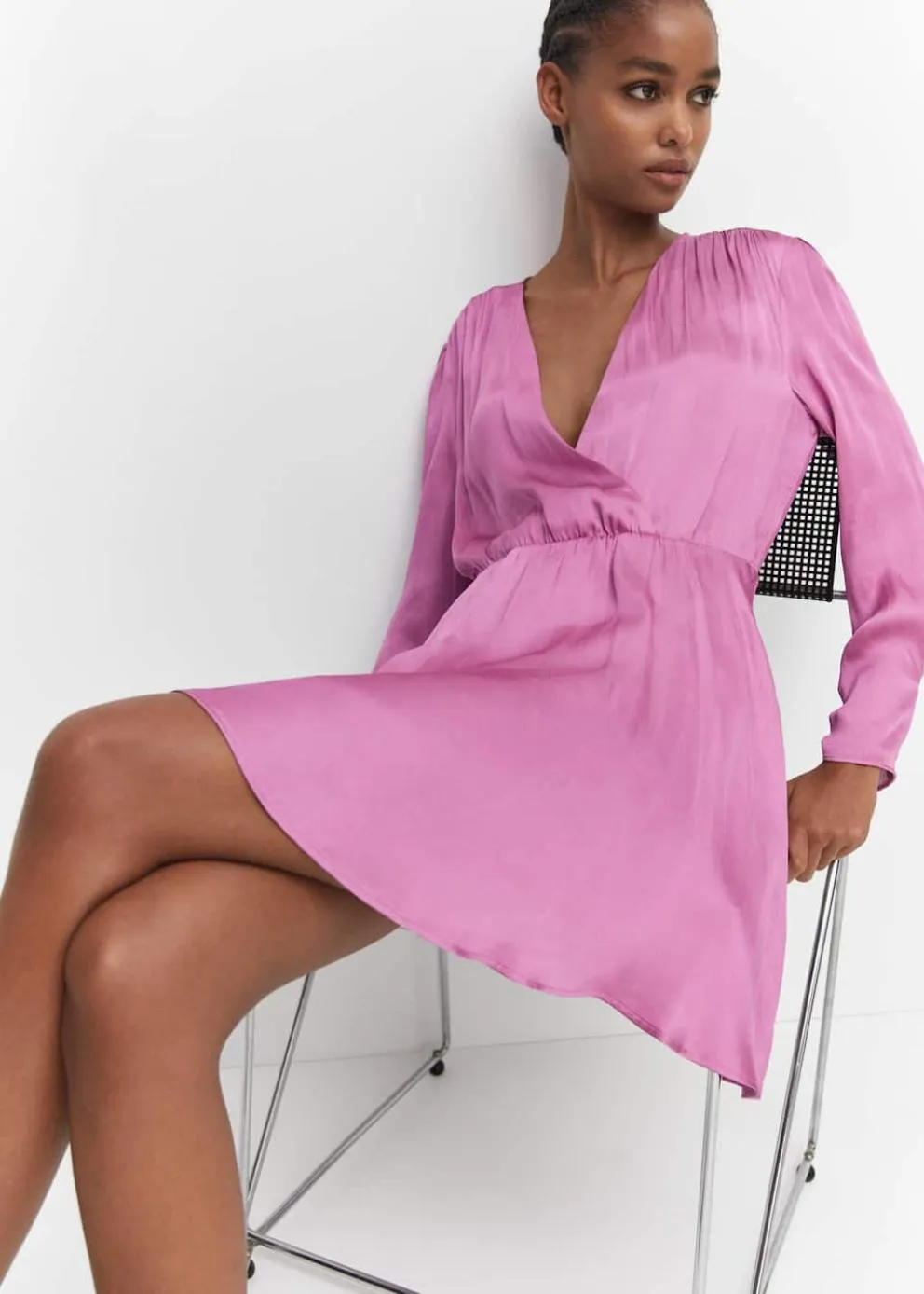 Robes Et Combinaisons | Femme MANGO Robe Cache-cœur Satinée Rose