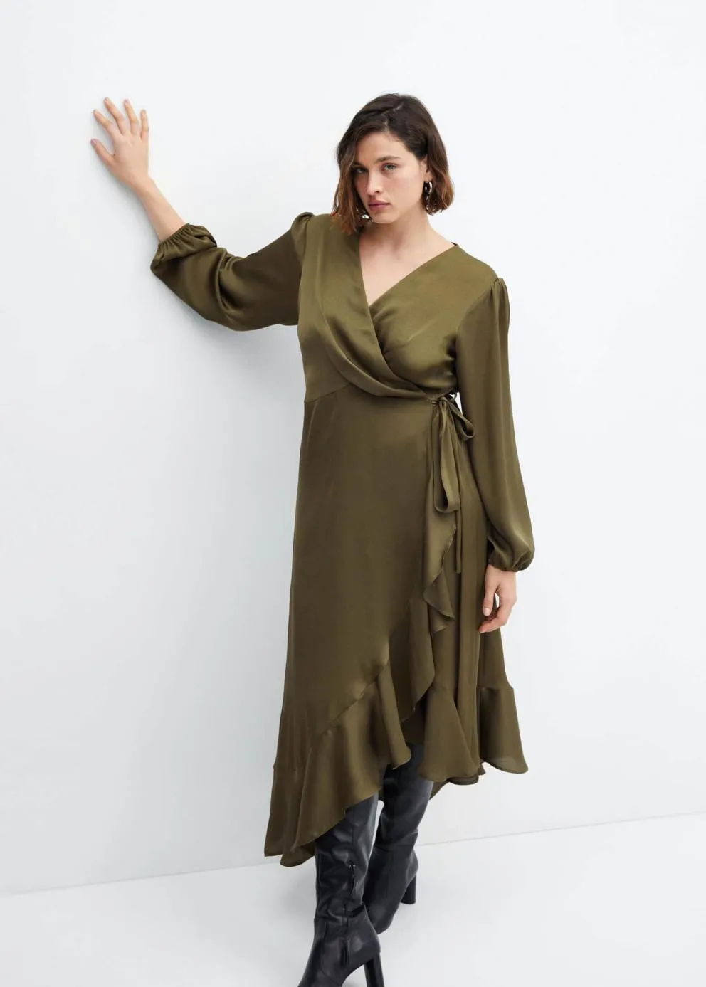 Robes Et Combinaisons | Femme MANGO Robe Cache-cœur à Volant Kaki