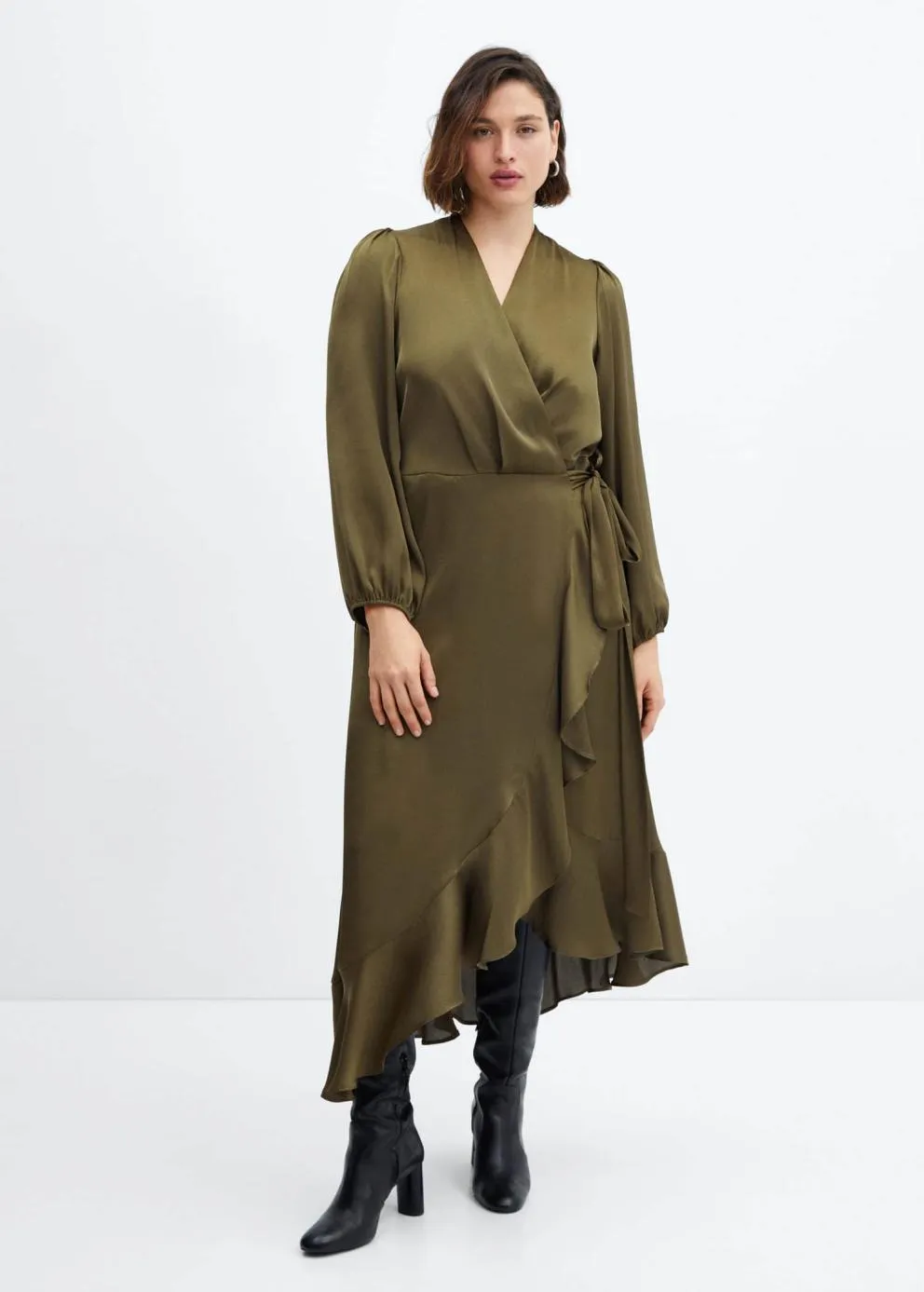 Robes Et Combinaisons | Femme MANGO Robe Cache-cœur à Volant Kaki