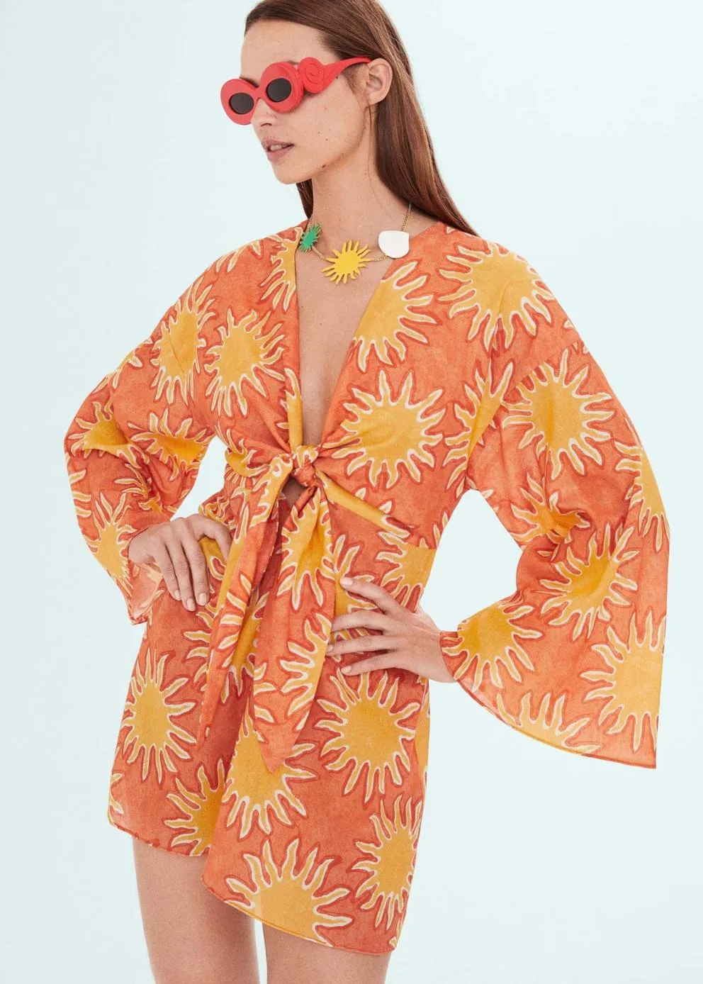 Robes Et Combinaisons | Femme MANGO Robe Imprimée Détail Nœud Orange