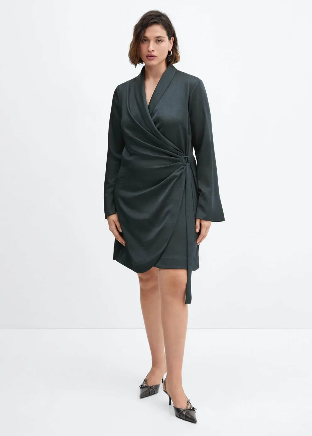 Robes Et Combinaisons | Femme MANGO Robe Satinée Cache-cœur Boucle Vert Foncé