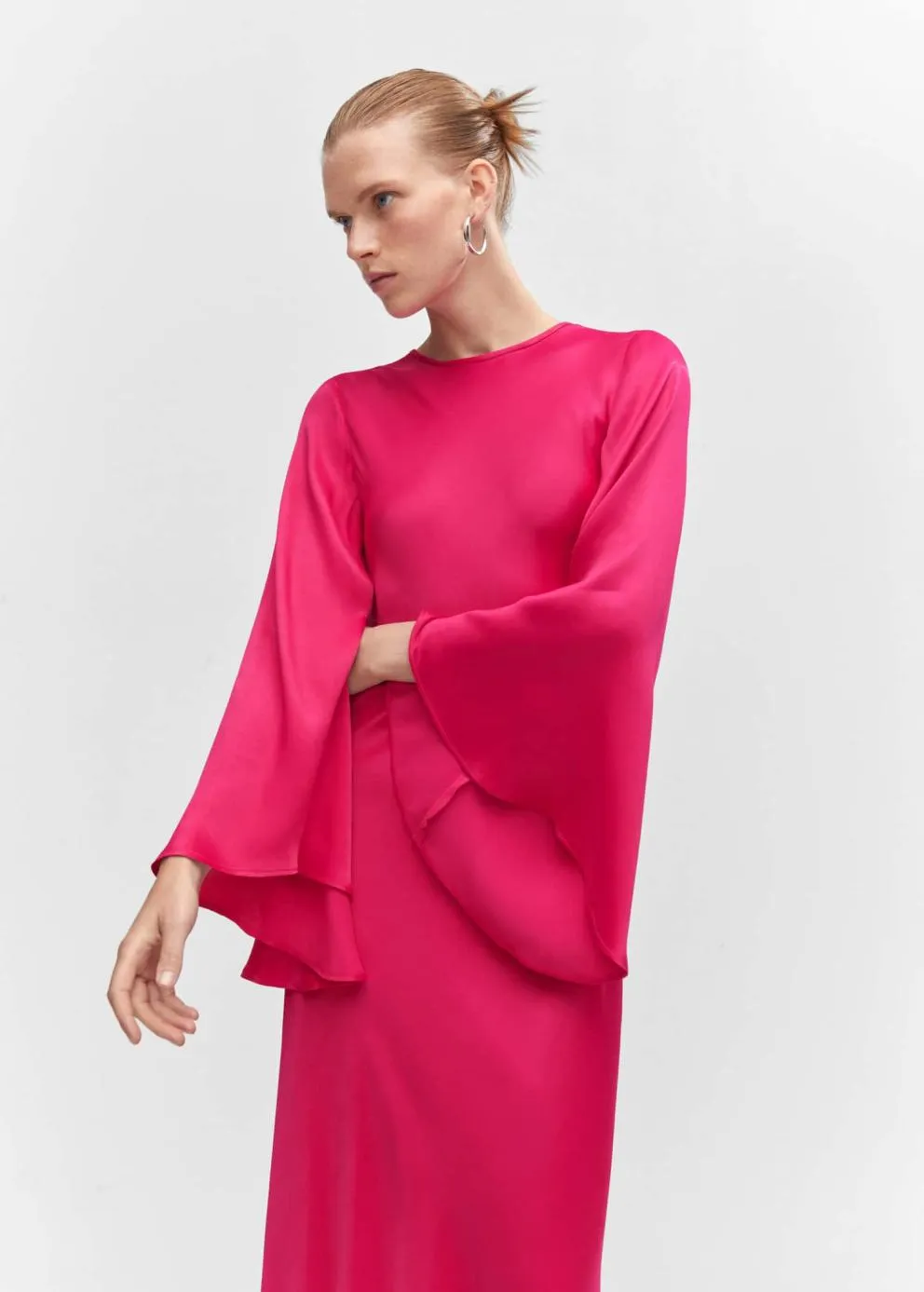 Robes Et Combinaisons | Femme MANGO Robe Satinée Manches Cloche Fuchsia