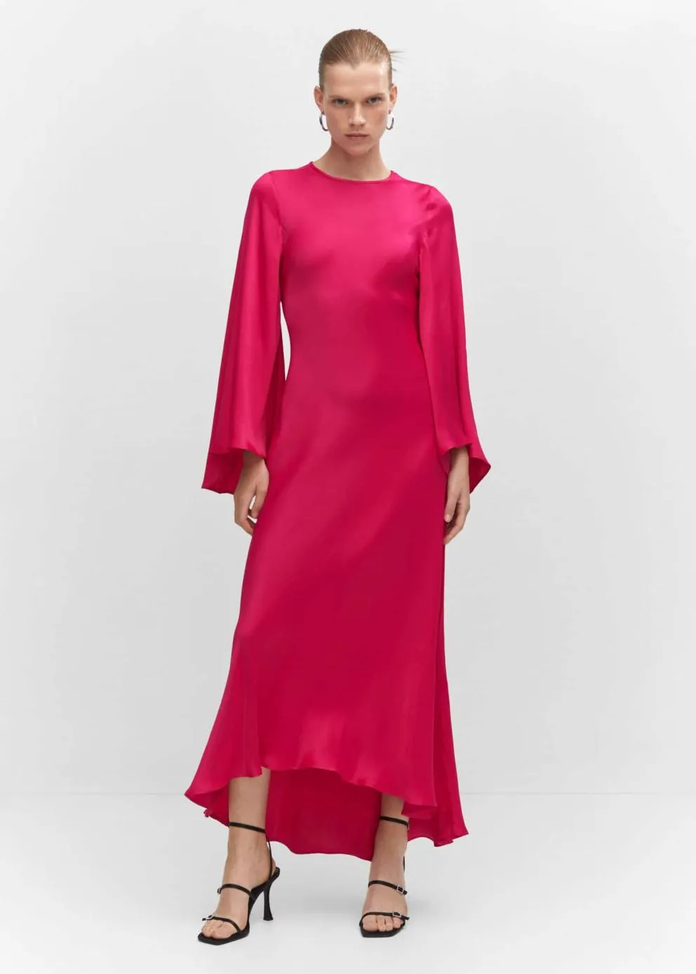 Robes Et Combinaisons | Femme MANGO Robe Satinée Manches Cloche Fuchsia