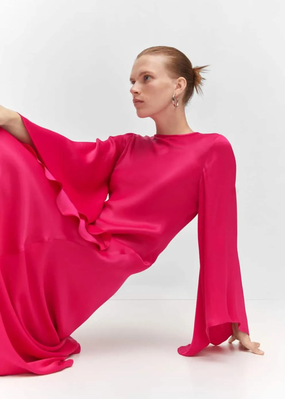 Robes Et Combinaisons | Femme MANGO Robe Satinée Manches Cloche Fuchsia