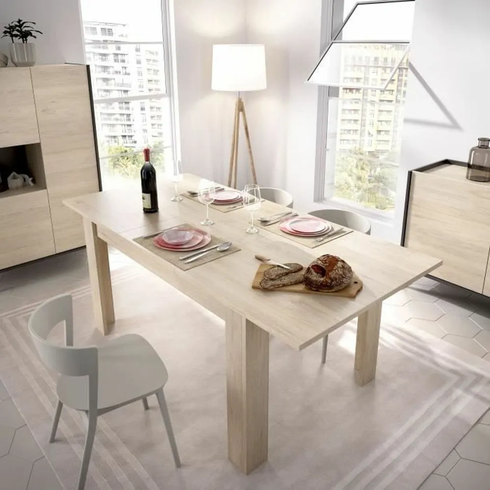 Salle à manger complète avec enfilade + vitrine + table - décor graphite et chêne - ness