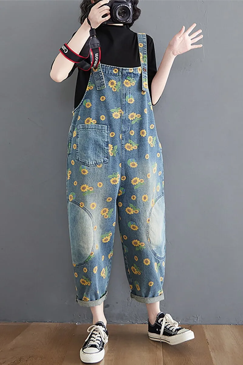 Salopette En Jean Imprimé Tournesol Pour Femmes, Bretelles En Denim, Combinaisons Cowboy
