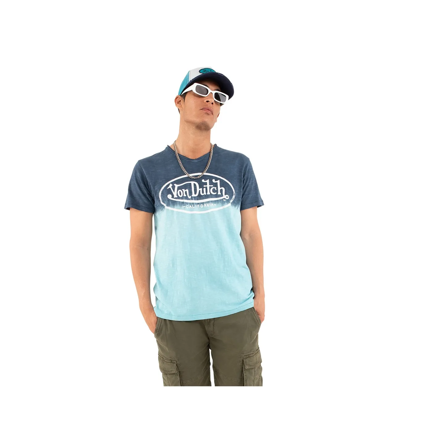 Tee Shirt Bleu coupe Régular Col V effet Dégradé, Tie and Dye RON | Homme - Vondutch