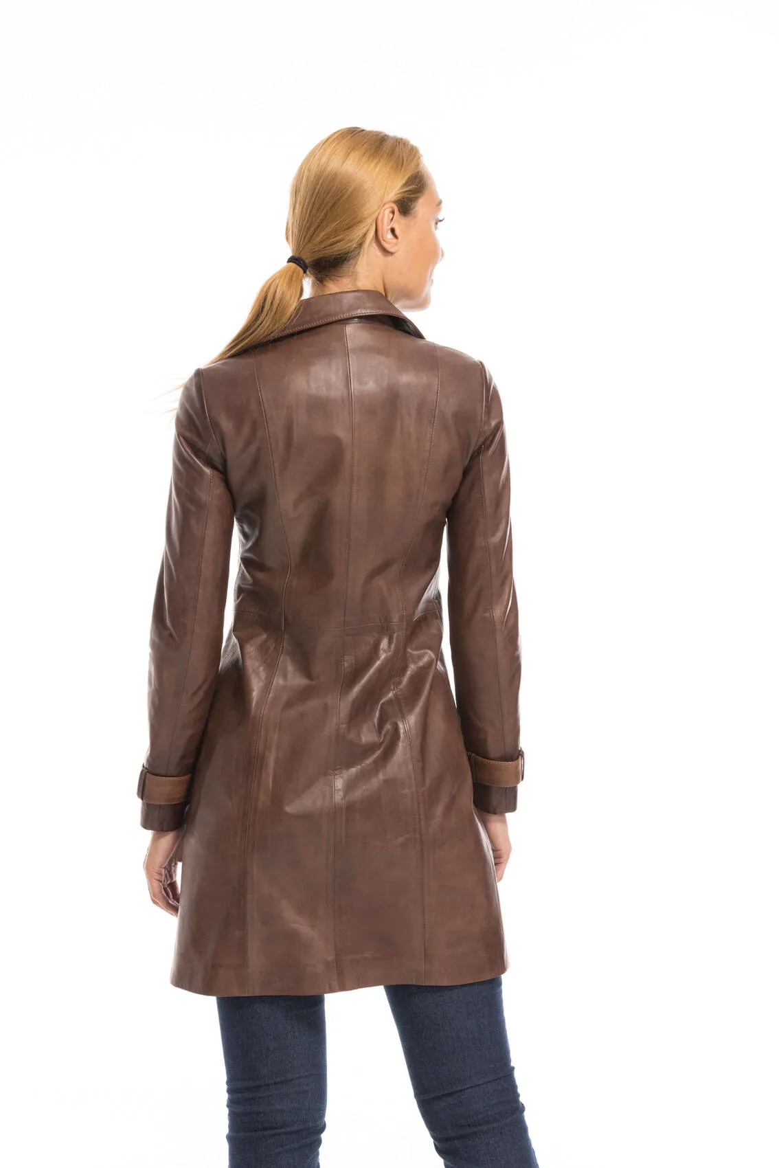 Trois quart cuir femme marron style trench