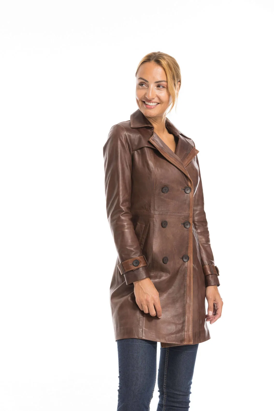 Trois quart cuir femme marron style trench