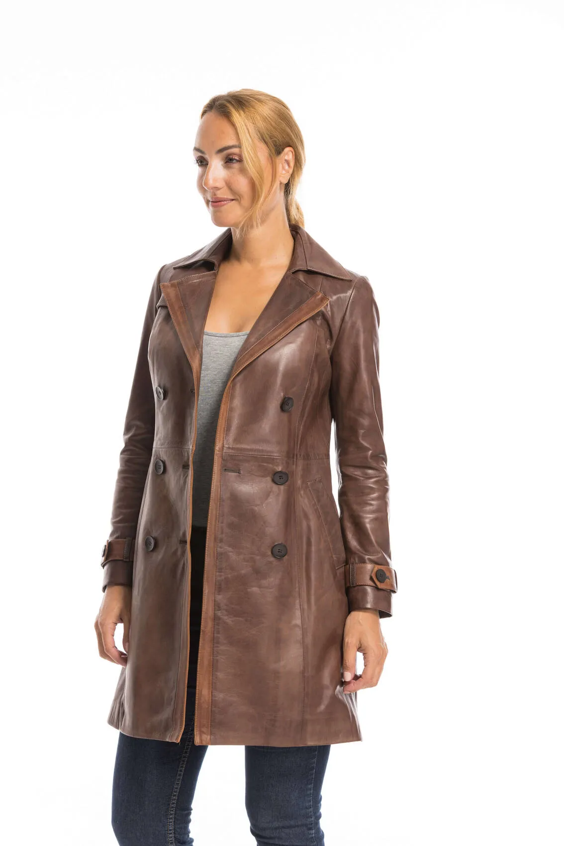 Trois quart cuir femme marron style trench