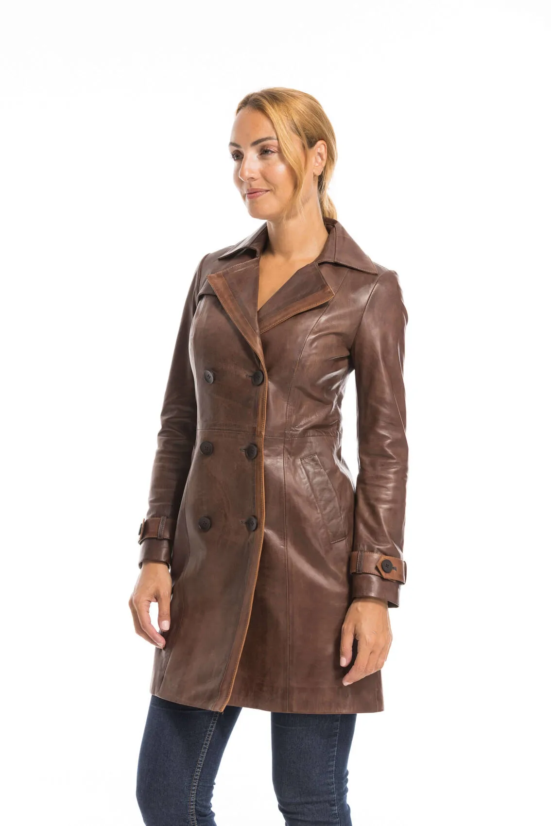 Trois quart cuir femme marron style trench