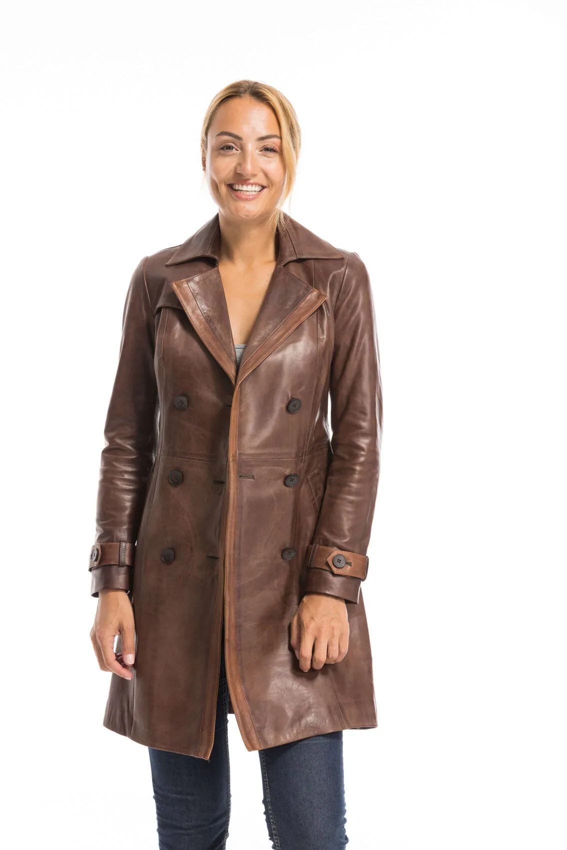 Trois quart cuir femme marron style trench