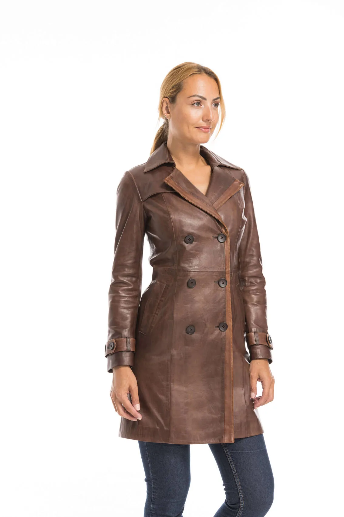 Trois quart cuir femme marron style trench