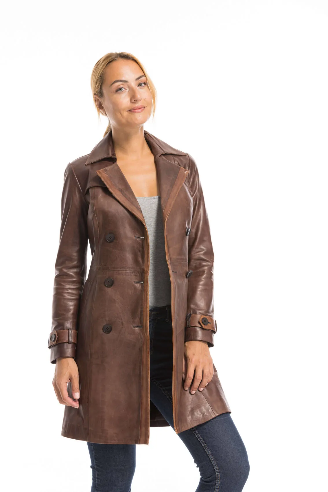 Trois quart cuir femme marron style trench